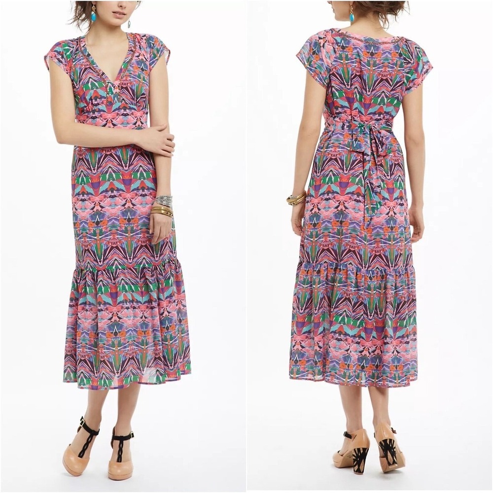 Anthropologie James & Virginia Abstract Print Tie Waist‎ Maxi Dress